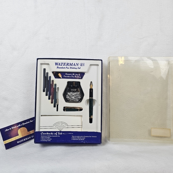 Waterman Phileas FP Set Green Marble GT Ink Fountain Pen NOS W/ Gift Box Boss - Picture 3 of 16
